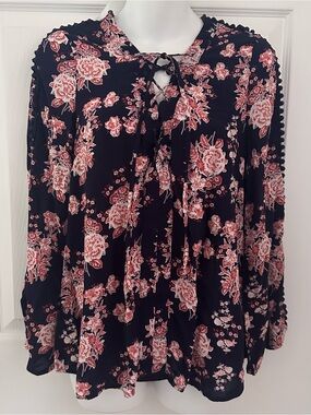 Entro Women's Medium Floral Blouse Navy Lace Up Bell Sleeve Rayon Boho Top